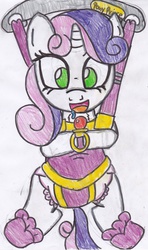 Size: 2065x3491 | Tagged: safe, artist:cuddlelamb, sweetie belle, g4, baby bouncer, booties, diaper, female, high res, non-baby in diaper, pacifier, pony price company, solo, traditional art