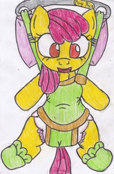 Size: 2305x3495 | Tagged: safe, artist:cuddlelamb, apple bloom, g4, baby bouncer, booties, diaper, female, high res, non-baby in diaper, pony price company, solo, traditional art