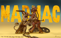 Size: 1600x1005 | Tagged: safe, artist:whitepone, big macintosh, gilda, earth pony, griffon, pony, g4, chains, clothes, crossover, gun, imperator furiosa, mad max, mad max fury road, male, max rockatansky, motorcycle, muzzle, parody, prosthetic limb, rifle, shotgun, sks, stallion, valhalla