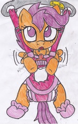 Size: 2229x3503 | Tagged: safe, artist:cuddlelamb, scootaloo, g4, baby bottle, baby bouncer, booties, diaper, female, high res, non-baby in diaper, pony price company, solo, traditional art