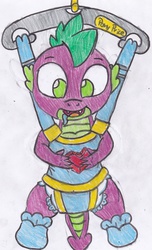 Size: 2105x3466 | Tagged: safe, artist:cuddlelamb, spike, g4, abdl, baby bouncer, booties, diaper, drool, fire ruby, high res, male, non-baby in diaper, pony price company, solo, traditional art