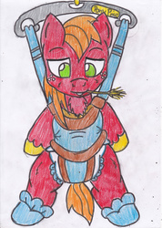 Size: 2500x3504 | Tagged: safe, artist:cuddlelamb, big macintosh, earth pony, pony, g4, baby bouncer, booties, diaper, high res, male, non-baby in diaper, pony price company, solo, stallion, traditional art