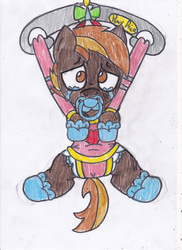 Size: 2552x3508 | Tagged: safe, artist:cuddlelamb, button mash, g4, baby bouncer, booties, crying, diaper, high res, male, non-baby in diaper, pacifier, pony price company, solo, traditional art