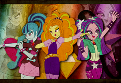 Size: 2916x2000 | Tagged: safe, artist:zeven-dust, adagio dazzle, aria blaze, sonata dusk, equestria girls, g4, my little pony equestria girls: rainbow rocks, amulet, clothes, fingerless gloves, gloves, group, high res, microphone, necklace, open mouth, signature, singing, the dazzlings, trio, wallpaper, wristband, zoom layer