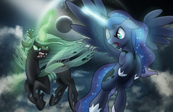 Size: 6987x4557 | Tagged: safe, artist:drawponies, princess luna, queen chrysalis, alicorn, changeling, changeling queen, pony, g4, absurd resolution, cloud, cloudy, crown, ethereal mane, eye contact, female, flying, glare, glowing, glowing horn, horn, jewelry, mare, open mouth, planet, regalia, sharp teeth, spread wings, transparent wings, wallpaper, wings