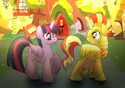 Size: 1500x1063 | Tagged: safe, artist:drawponies, sunset shimmer, twilight sparkle, alicorn, pony, unicorn, equestria girls, g4, armor, commission, crown, cute, digital art, female, golden oaks library, lesbian, royal guard, ship:sunsetsparkle, shipping, smiling, sunlight, tiara, twilight sparkle (alicorn)