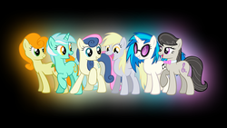 Size: 1920x1080 | Tagged: safe, artist:indigo114, artist:wh1488, bon bon, carrot top, derpy hooves, dj pon-3, golden harvest, lyra heartstrings, octavia melody, sweetie drops, vinyl scratch, earth pony, pegasus, pony, unicorn, g4, background six, female, mare, wallpaper