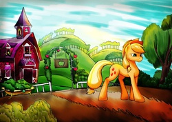 Size: 1024x724 | Tagged: safe, artist:thatonegib, applejack, g4, goodbye, leaving, make it a happy goodbye, sweet apple acres