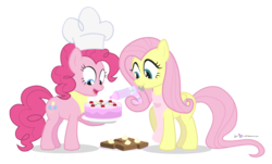Size: 960x580 | Tagged: safe, artist:dm29, fluttershy, pinkie pie, earth pony, pegasus, pony, g4, andrea libman, apron, baking, birthday cake, brownies, cake, chef's hat, clothes, duo, frosting, happy birthday, hat, simple background, transparent background, voice actor joke