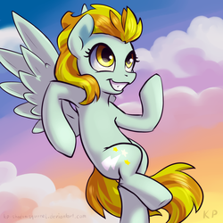 Size: 1500x1500 | Tagged: safe, artist:kp-shadowsquirrel, lightning dust, pegasus, pony, g4, cute, dustabetes, female, flying, grin, solo, spread wings