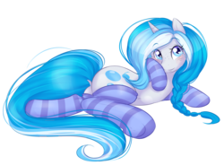 Size: 3835x2826 | Tagged: safe, artist:askbubblelee, oc, oc only, oc:bubble lee, oc:imago, pony, unicorn, blushing, clothes, cute, heart, heart eyes, high res, looking at you, lying down, prone, simple background, socks, solo, sploot, stockings, striped socks, transparent background, wingding eyes