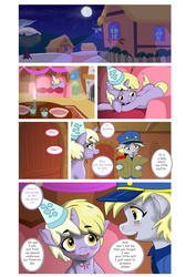 Size: 1600x2262 | Tagged: safe, artist:jeremy3, derpy hooves, dinky hooves, pegasus, pony, comic:quest for apple bloom, g4, comic, female, groceries, hat, mailmare, mare, night, party hat, tired