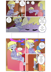 Size: 1600x2262 | Tagged: safe, artist:jeremy3, applejack, derpy hooves, dinky hooves, pegasus, pony, comic:quest for apple bloom, g4, candle, comic, female, mailmare, mare, sleeping