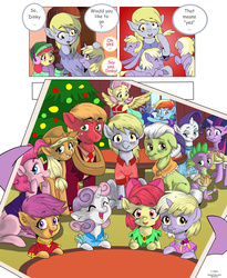 Size: 1600x1953 | Tagged: safe, artist:jeremy3, apple bloom, applejack, big macintosh, derpy hooves, dinky hooves, fluttershy, granny smith, pinkie pie, rainbow dash, rarity, scootaloo, spike, sweetie belle, twilight sparkle, earth pony, pony, comic:quest for apple bloom, g4, christmas tree, clothes, coat, comic, cute, cutie mark crusaders, dinkabetes, earmuffs, excited, male, mane seven, mane six, present, running in circles, stallion, tree