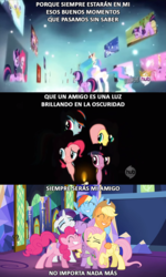 Size: 849x1413 | Tagged: safe, screencap, applejack, fluttershy, pinkie pie, princess celestia, rainbow dash, rarity, spike, twilight sparkle, alicorn, pony, castle sweet castle, g4, magical mystery cure, over a barrel, amigos, candle, enanitos verdes, female, group hug, hub logo, hug, mane six, mare, song reference, spanish, translated in the description, twilight sparkle (alicorn)