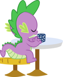 Size: 1918x2348 | Tagged: safe, artist:wissle, spike, dragon, g4, chocolate, cup, eyes closed, food, hot chocolate, male, rear view, simple background, sitting, solo, stool, table, transparent background, vector