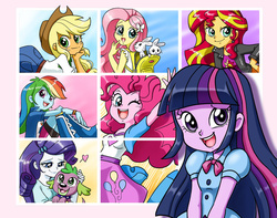 Size: 1024x805 | Tagged: safe, artist:chibi-jen-hen, applejack, fluttershy, pinkie pie, rainbow dash, rarity, spike, sunset shimmer, twilight sparkle, dog, human, equestria girls, g4, female, humane five, humane seven, humane six, male, one eye closed, poster, ship:sparity, shipping, spike the dog, straight, wink