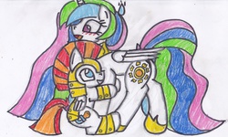 Size: 2769x1666 | Tagged: safe, artist:cuddlelamb, princess celestia, oc, oc:cuddlelamb, g4, royal guard, traditional art