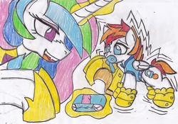 Size: 3405x2385 | Tagged: safe, artist:cuddlelamb, princess celestia, oc, oc:cuddlelamb, g4, age regression, diaper, high res, momlestia fuel, royal guard, traditional art