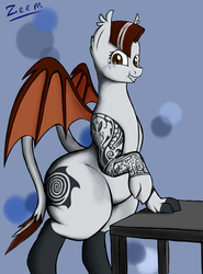 Size: 2755x3733 | Tagged: safe, artist:clot, oc, oc only, oc:zim, bat pony, hybrid, pony, sphinx, anthro, ass, bat sphinx, batsphinx, butt, chubby, cute, fangs, fat, female, high res, impossibly large butt, impossibly wide hips, plump, rule 63, slit pupils, smiling, sphinx oc, table, tattoo, wide hips