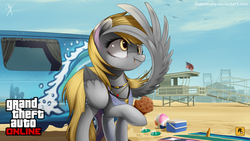 Size: 1920x1080 | Tagged: safe, artist:supermare, derpy hooves, pegasus, pony, g4, american flag, beach, clothes, cooler, crossover, female, flag, grand theft auto, grand theft auto online, gta online, gta v, mare, muffin, necklace, rockstar games, sandals, scrunchy face, solo, towel, van, vehicle, volleyball, wallpaper