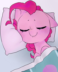 Size: 1290x1600 | Tagged: safe, artist:oouichi, pinkie pie, g4, blanket, comfy, cute, diapinkes, ear fluff, eyes closed, female, floppy ears, pillow, resting, sleeping, solo
