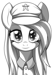 Size: 889x1240 | Tagged: safe, artist:an-m, oc, oc only, oc:aryanne, earth pony, pony, black and white, clothes, face, female, game, general deathshead, germany, grayscale, hat, loading screen, long mane, looking at you, military, monochrome, shirt, solo, starry eyes, uniform, wolfenstein, wolfenstein the new order, wolfenstein the old blood
