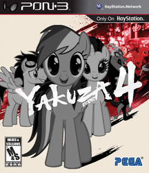 Size: 648x750 | Tagged: safe, artist:nickyv917, derpy hooves, discord, rainbow dash, rarity, soarin', pegasus, pony, g4, box art, crossover, esrb, female, m rating, mare, parody, playstation, playstation 3, ryu ga gotoku, sega, video game, video game crossover, yakuza, yakuza 4