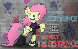 Size: 1900x1200 | Tagged: safe, artist:xylophon, fluttershy, g4, anarchist, anarchy, bandana, clothes, earring, eyeshadow, female, piercing, poster, protest, punk, quote, solo, spiked wristband, wallpaper, wristband
