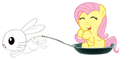 Size: 5000x2500 | Tagged: safe, artist:beavernator, angel bunny, fluttershy, pony, g4, angelbetes, baby, baby pony, babyshy, cute, eyes closed, filly, foal, frying pan, shyabetes, sled