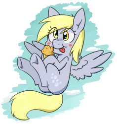 Size: 1087x1145 | Tagged: safe, artist:notenoughapples, derpy hooves, pegasus, pony, g4, blushing, butt, cute, female, flying, mare, muffin, plot, solo, that pony sure does love muffins, tongue out, underhoof