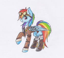 Size: 932x857 | Tagged: safe, artist:schizoidtomii, rainbow dash, pegasus, pony, g4, boots, clothes, female, goggles, jacket, looking at you, mare, raised hoof, signature, simple background, smiling, solo, steampunk, traditional art, watch, white background, wings