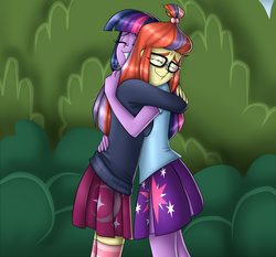 Size: 1966x1834 | Tagged: safe, artist:namyg, moondancer, twilight sparkle, human, amending fences, equestria girls, g4, season 5, clothes, cute, dancerbetes, duo, duo female, equestria girls interpretation, equestria girls-ified, female, glasses, hug, miniskirt, pleated skirt, scene interpretation, skirt, socks, striped socks, sweater, thigh highs, thigh socks, twiabetes