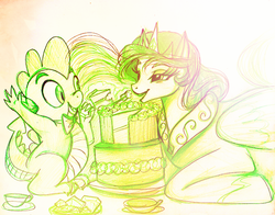 Size: 795x622 | Tagged: safe, artist:eviesketchy, princess celestia, spike, g4, cake, cakelestia, eating, momlestia, traditional art