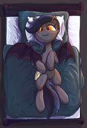 Size: 800x1179 | Tagged: artist needed, source needed, safe, oc, oc only, oc:echo, bat pony, pony, bed, female, looking at you, lying, on back, solo