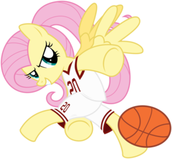 Size: 7000x6500 | Tagged: safe, artist:caliazian, fluttershy, pegasus, pony, g4, absurd resolution, ball, basketball, clothes, female, jersey, mare, simple background, solo, sports, spread wings, transparent background, wings