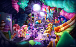 Size: 2610x1631 | Tagged: safe, artist:9de-light6, applejack, fluttershy, rainbow dash, rarity, twilight sparkle, alicorn, classical unicorn, earth pony, pegasus, pony, unicorn, g4, party pooped, balloon, basement, cloven hooves, colored fetlocks, colored wings, colored wingtips, disco ball, feathered fetlocks, female, horn, leonine tail, mare, multicolored wings, party cave, rainbow wings, tail feathers, twilight sparkle (alicorn)