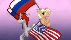 Size: 1280x720 | Tagged: safe, artist:artylovr, oc, oc only, oc:lenich, oc:mic the microphone, pony, unicorn, abstract background, american flag, cute, flag, male, russia, russian flag, smiling, united states