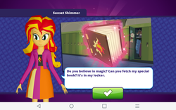 Size: 540x338 | Tagged: safe, sunset shimmer, android, equestria girls, equestria girls (app), g4, book, journey book