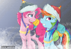 Size: 1024x710 | Tagged: safe, artist:lesiwtroublemaker, pinkie pie, rainbow dash, g4, the lost treasure of griffonstone, hat, mongolian shepherd hat