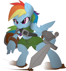 Size: 4030x4316 | Tagged: safe, artist:dfectivedvice, artist:gray-gold, rainbow dash, anthro, unguligrade anthro, g4, absurd resolution, belly button, clothes, female, hoof hands, midriff, shield, simple background, solo, sword, transparent background