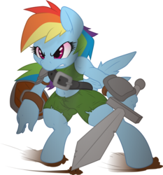 Size: 4030x4316 | Tagged: safe, artist:dfectivedvice, artist:gray-gold, rainbow dash, anthro, unguligrade anthro, g4, absurd resolution, belly button, clothes, female, hoof fingers, midriff, shield, simple background, solo, sword, transparent background