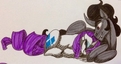 Size: 1280x682 | Tagged: safe, king sombra, rarity, g4, cuddling, cute, eyes closed, fangs, female, floppy ears, male, prone, shipping, sleeping, smiling, snuggling, sombrarity, straight, traditional art