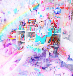 Size: 1280x1340 | Tagged: safe, human, g1, g2, g3, clothes, cosplay, dream beauties, irl, irl human, japan, julie watai, photo, photography, plushie, psychedelic, rainbows