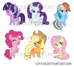 Size: 1000x906 | Tagged: safe, artist:lifyen, applejack, fluttershy, pinkie pie, rainbow dash, rarity, twilight sparkle, alicorn, pony, g4, chibi, female, mane six, mare, simple background, transparent background, twilight sparkle (alicorn), watermark