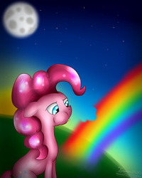 Size: 1200x1500 | Tagged: safe, artist:terezas474747, pinkie pie, earth pony, pony, g4, bite mark, female, looking down, mare, moon, rainbow, sitting, solo