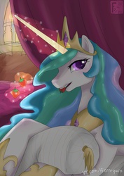 Size: 725x1024 | Tagged: safe, artist:fierrequin, princess celestia, g4, female, glowing horn, horn, pillow, solo, strawberry