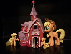 Size: 1280x960 | Tagged: safe, applejack, g4, apple family, barn, blind bag, funko, irl, mcdonald's happy meal toys, photo, size comparison, sweet apple acres, toy