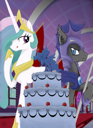 Size: 1800x2475 | Tagged: safe, artist:yell0wthunder, gummy, princess celestia, oc, bat pony, pony, g4, armor, cake, cherry, night guard, royal guard, spear