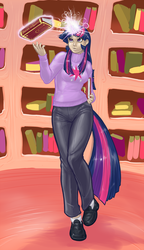 Size: 865x1500 | Tagged: safe, artist:aphexangel, twilight sparkle, human, g4, book, clothes, female, golden oaks library, horn, horned humanization, humanized, magic, pants, shoes, socks, solo, sweater, tailed humanization